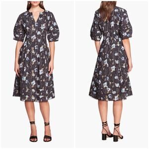 Marchesa Notte Aster Floral Print & Lace Midi Dress